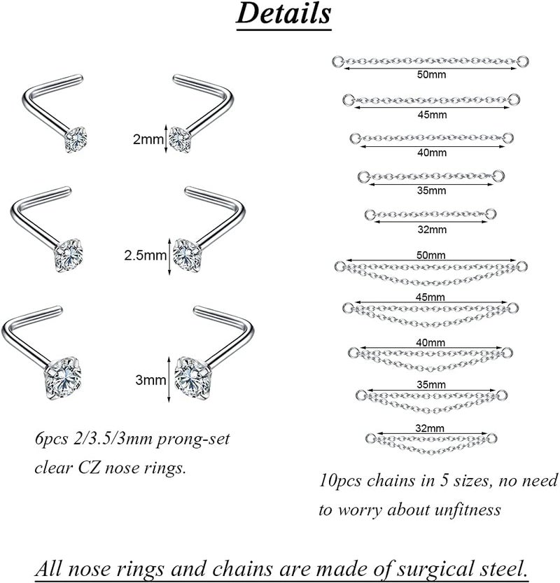 PunkTracker Nose Rings 20G - 2mm, 2.5mm, 3mm CZ Studs with Chain - Surgical Steel Nose Piercing Jewelry - Image 2